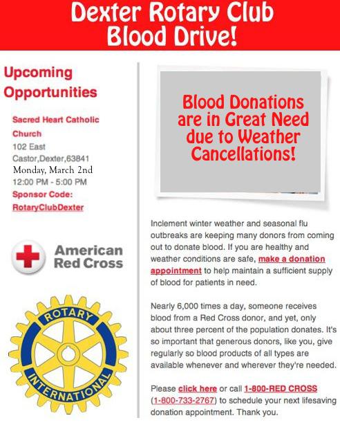 Dexter Rotary Club Will Host Blood Drive - The Need is Great!