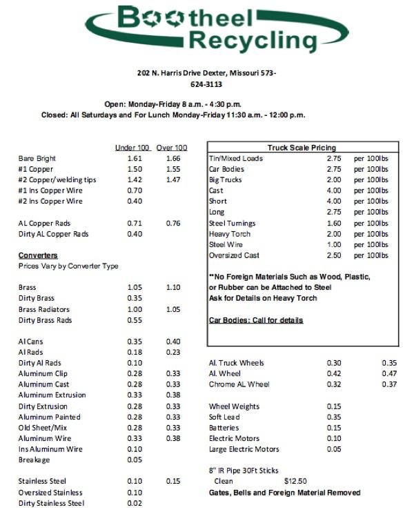 Bootheel Recycling Price Sheet - December 17, 2015