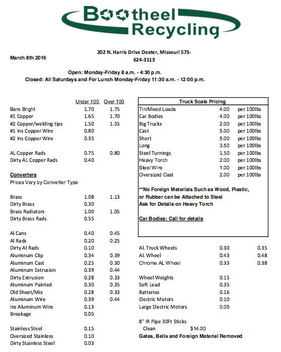 Bootheel Recycling Price Sheet - March 8, 2016