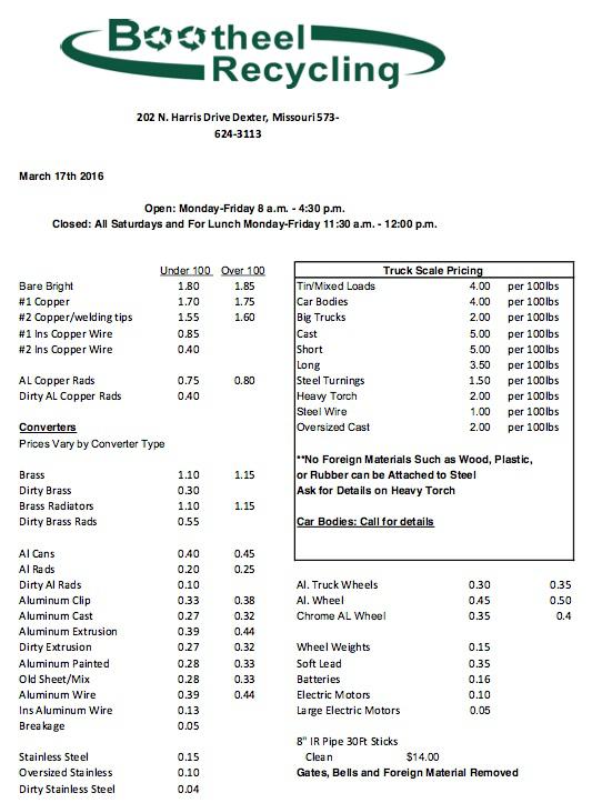 Bootheel Recycling Price Sheet - March 17, 2016