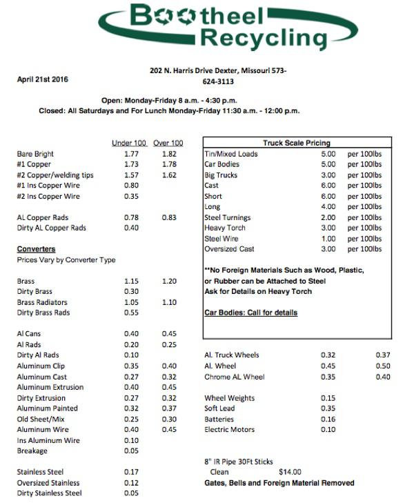 Bootheel Recycling Price Sheet - April 21, 2016