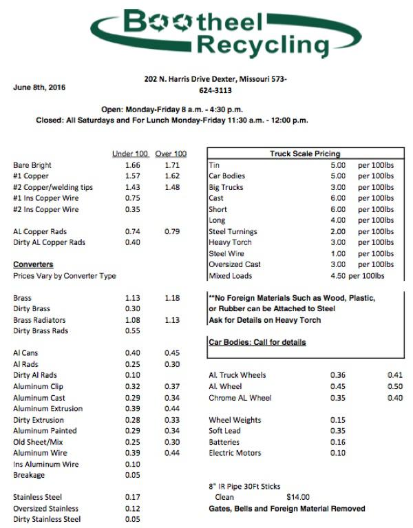 Bootheel Recycling Price Sheet - June 8, 2016