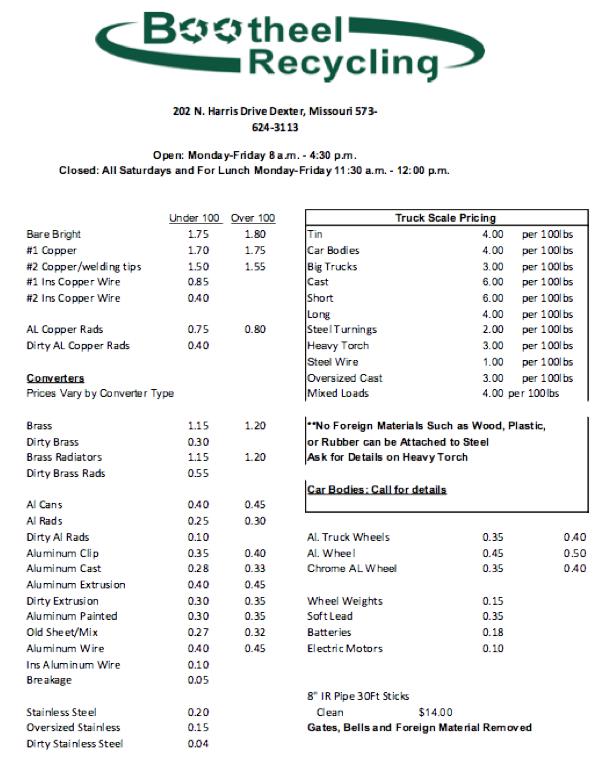 Bootheel Recycling Price Sheet for August