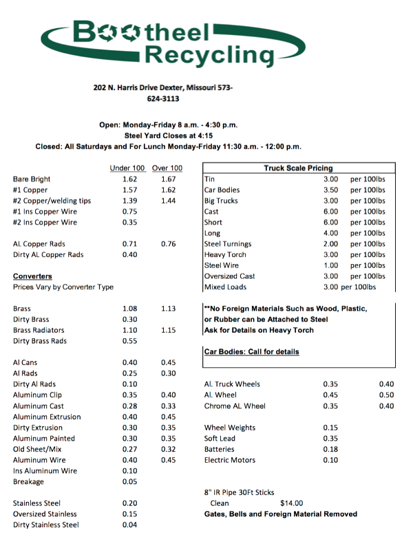 Bootheel Recycling Price Sheet for September 26th