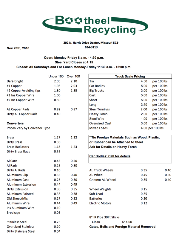 Bootheel Recycling Price Sheet - Monday, November 28, 2016