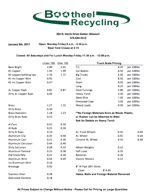 Bootheel Recycling Price Sheet -January 6, 2017