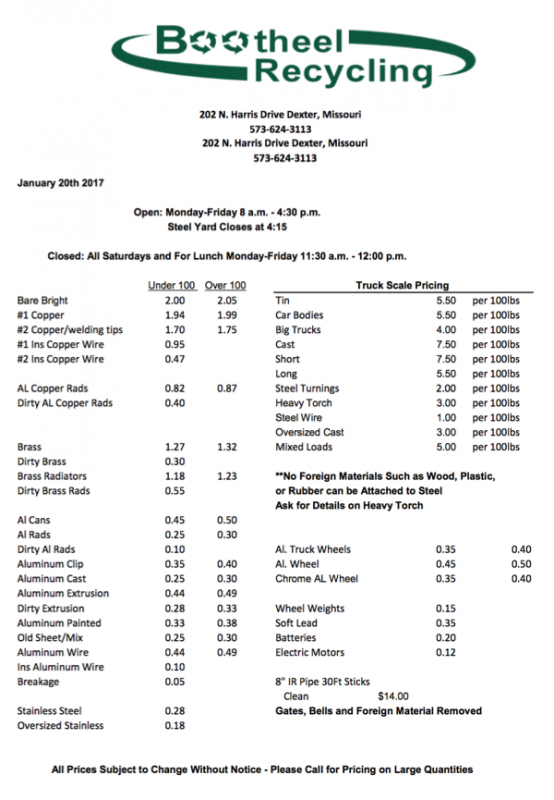 Bootheel Recycling Price Sheet - January 20, 2017