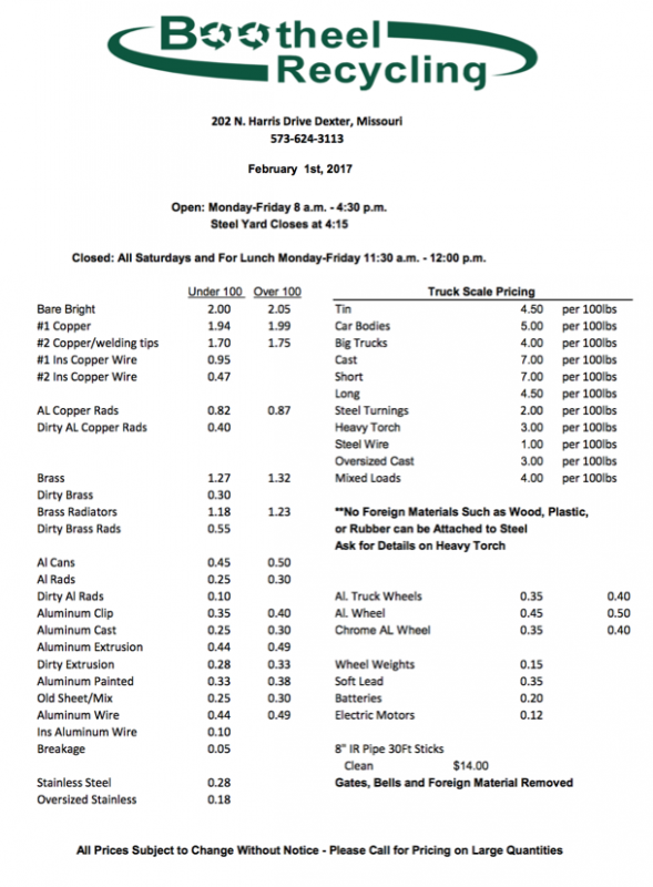 Bootheel Recycling Price Sheet - February 1, 2017