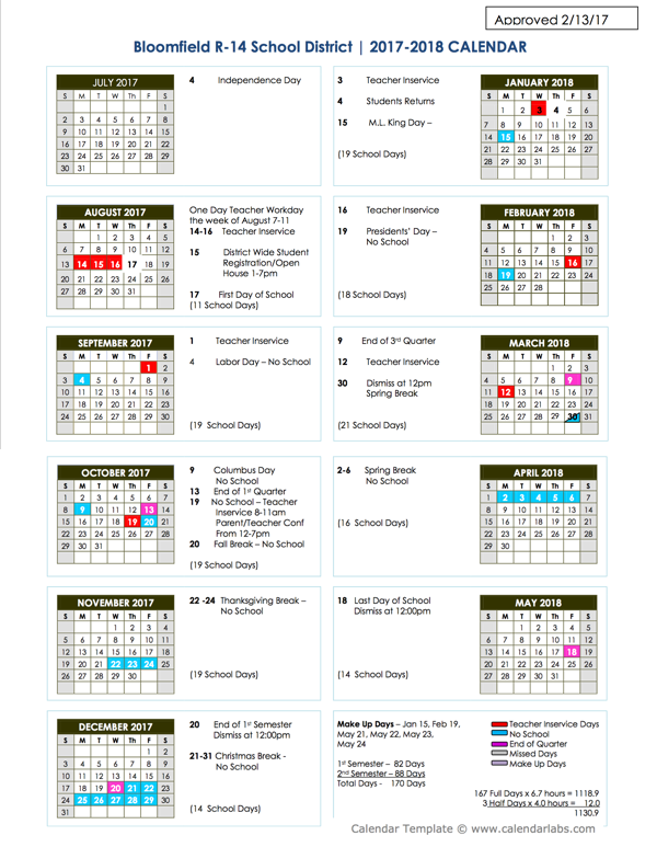 2017-2018 Bloomfield School Calendar Approved