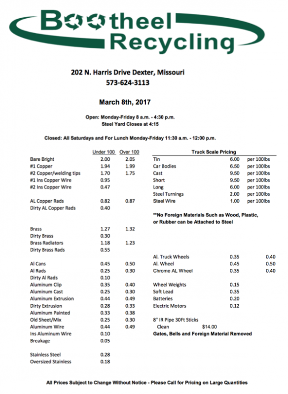 Bootheel Recycling Price Sheet - March 8, 2017