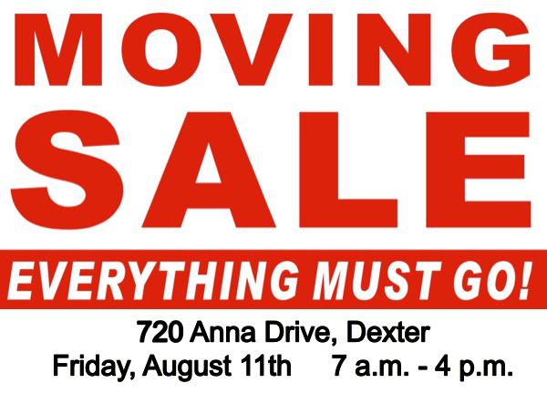 Large Moving Sale at 720 Anna Drive in Dexter on Friday Only