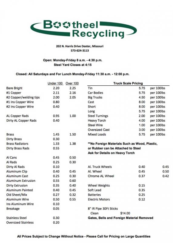 Bootheel Recycling Price Sheet - Time to Clean Up the Yard