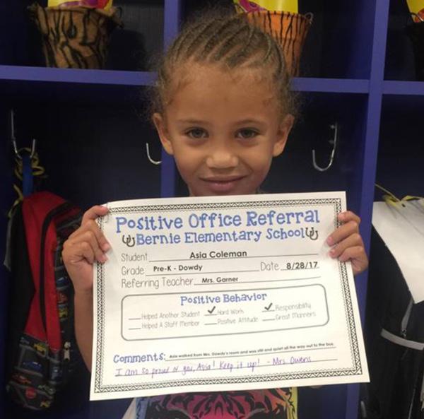 Asia Coleman Earns Positive Office Referral at Bernie Elementary