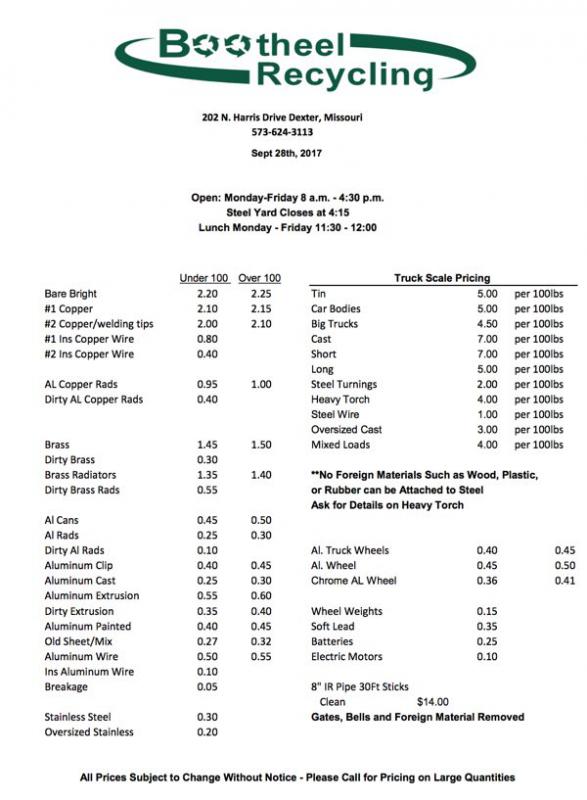 Bootheel Recycling Price Sheet - September 28, 2018