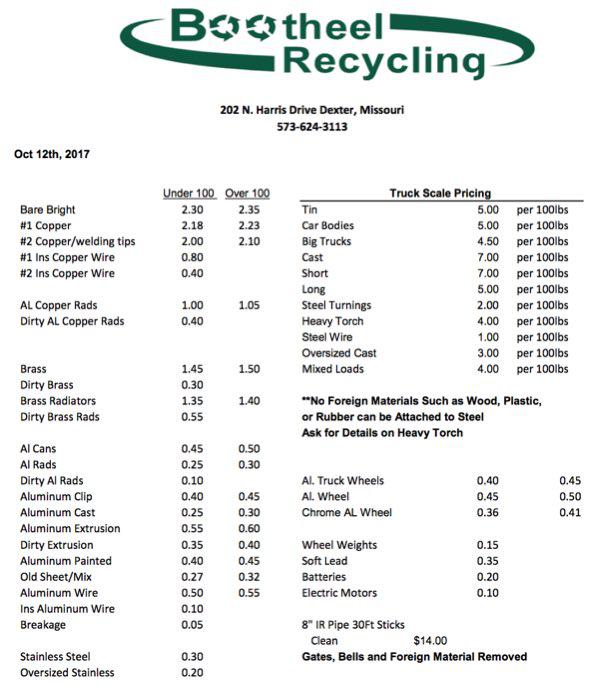 Bootheel Recycling Price Sheet - October 12, 2017