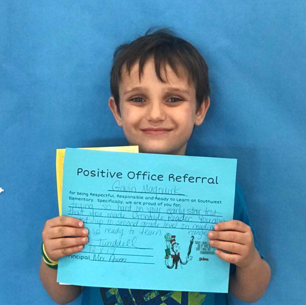 First Grade Student Earns Positive Office Referral Award
