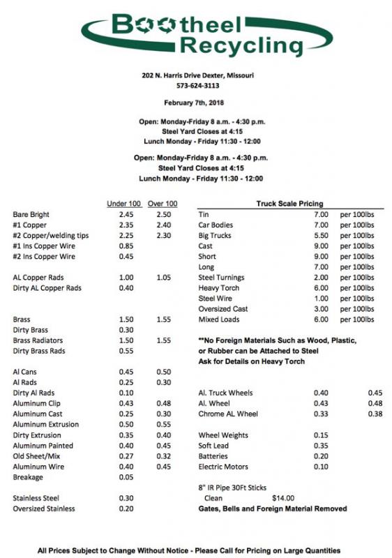 Bootheel Recycling Price Sheet - February 7, 2018