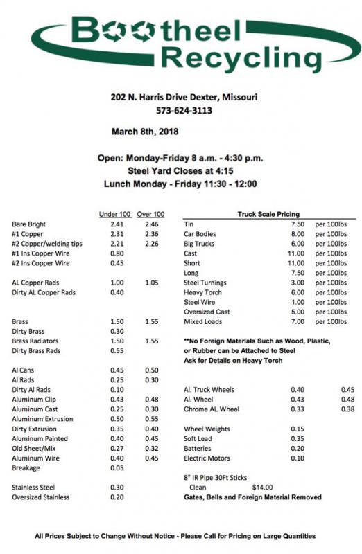 Bootheel Recycling Price Sheet - March 8, 2018