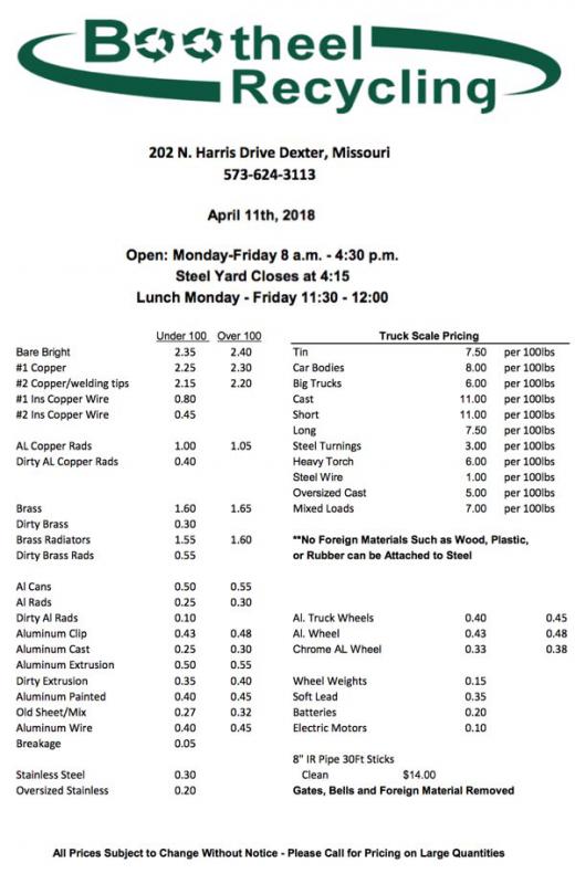 Bootheel Recycling Price Sheet - April 11, 2018