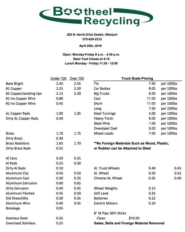 Bootheel Recycling Price Sheet - April 25, 2018