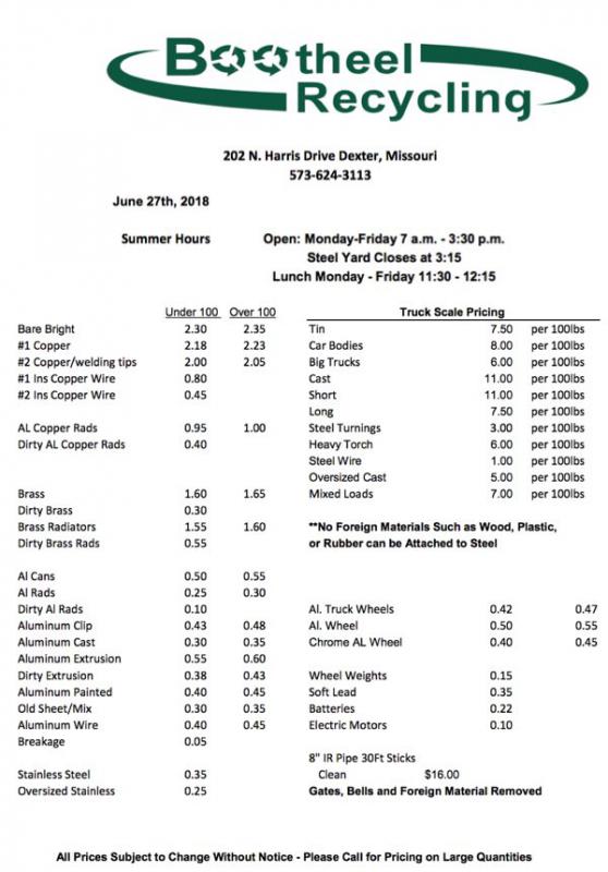 Bootheel Recycling Price Sheet - June 27, 2018