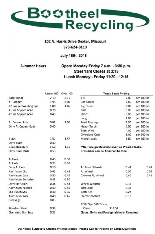 Bootheel Recycling Price Sheet - July 18, 2018