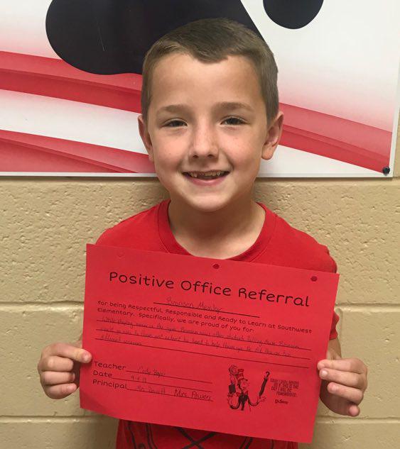 2nd Grade Student Earns Positive Office Referral Award