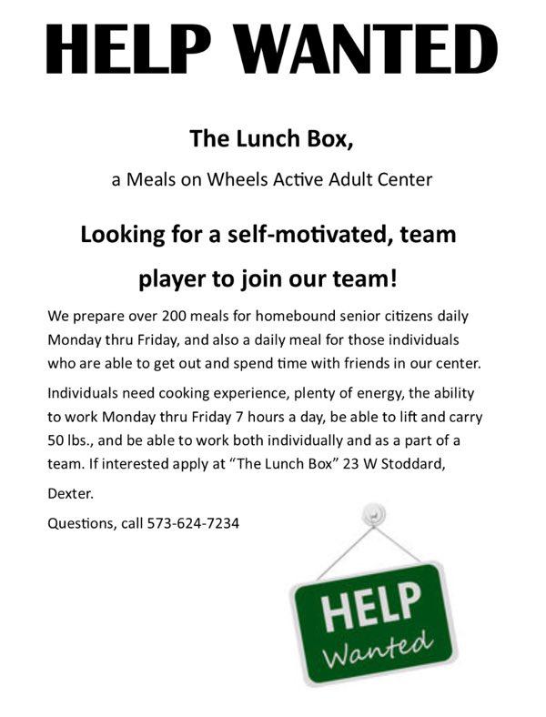 The Lunch Box, a Meals on Wheels Active Adult Center is NOW Hiring