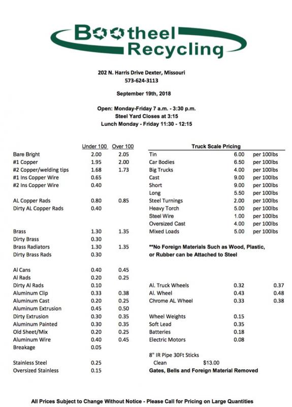 Bootheel Recycling Price Sheet - September 19, 2018