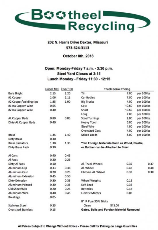 Bootheel Recycling Price Sheet - Monday, October 8, 2018