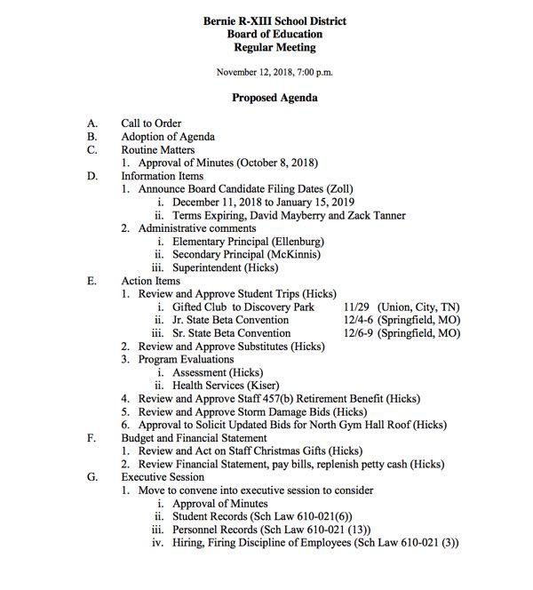 Bernie School Board Agenda for Monday, November 12, 2018