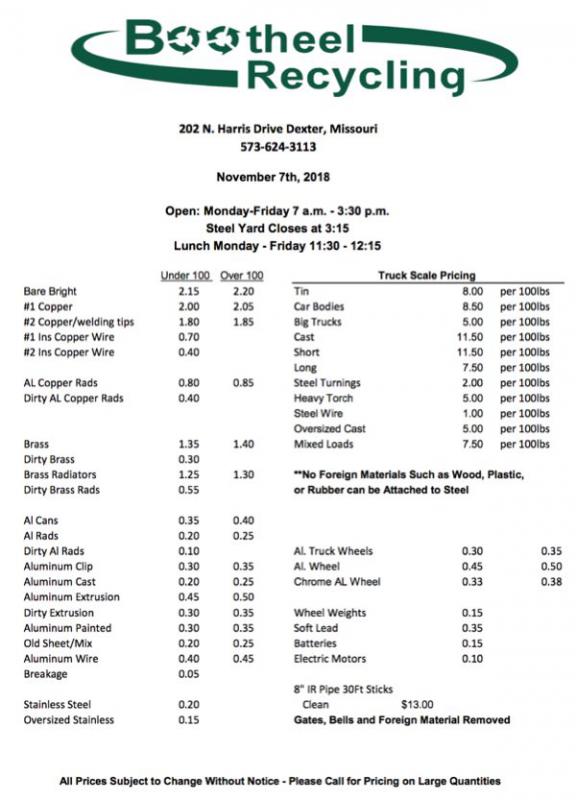 Bootheel Recycling Price Sheet - Wednesday, November 7, 2018