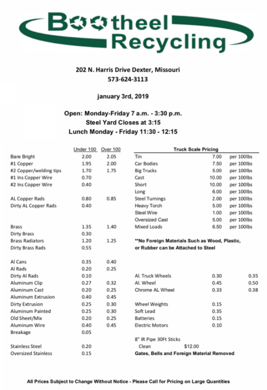 Bootheel Recycling Price Sheet - Thursday, January 3, 2019