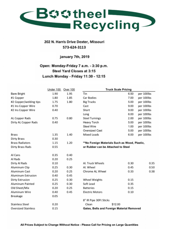 Bootheel Recycling Price Sheet - January 7, 2019