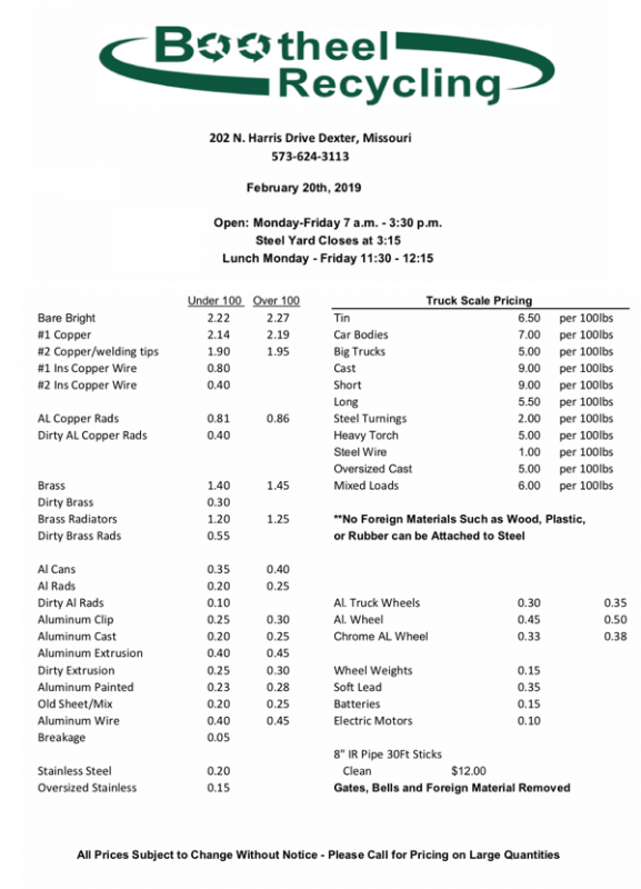 Bootheel Recycling Price Sheet - February 20, 2019