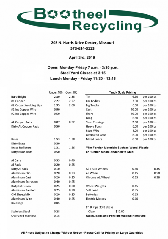 Bootheel Recycling Price Sheet - April 3, 2019