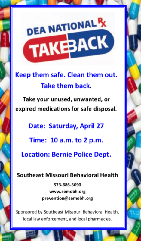 Bernie PD to Participate in DEA National RX TAKE BACK Day