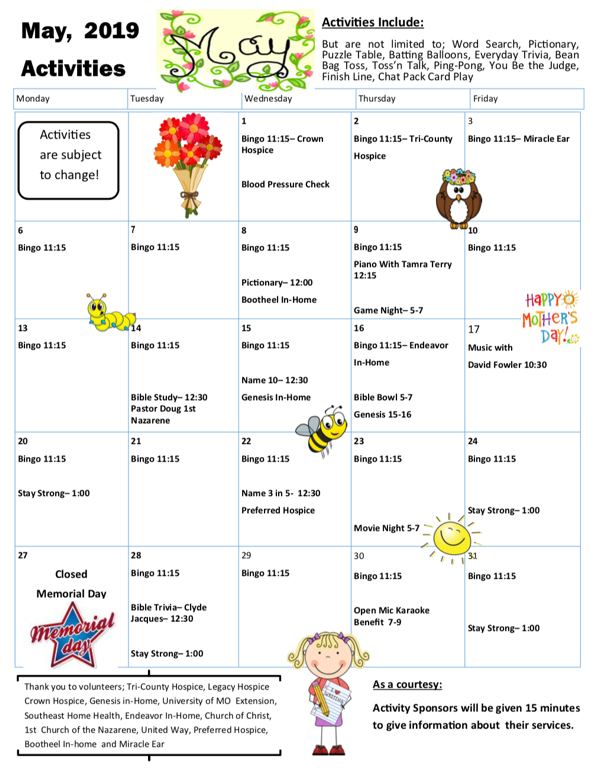 Lunch Box Activities for May 2019