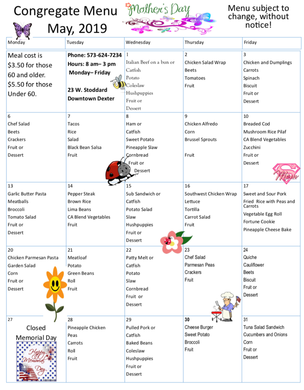 Lunch Box Menu for May 2019