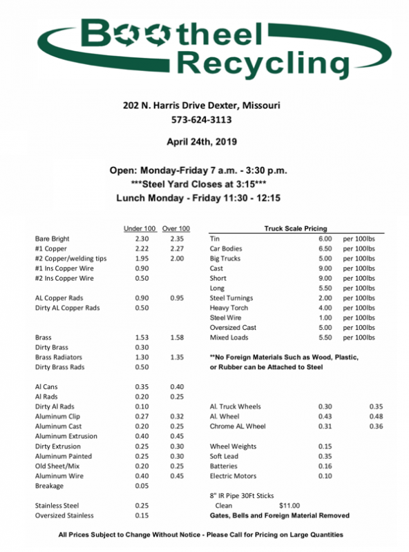 Bootheel Recycling Price Sheet - April 24, 2019