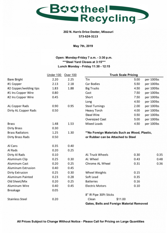 Bootheel Recycling Price Sheet - May 7, 2019