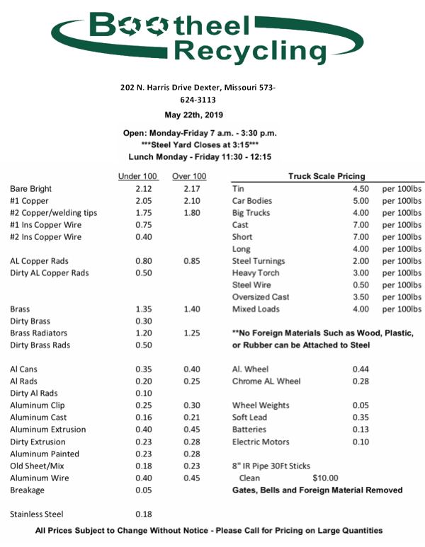 Bootheel Recycling Price Sheet - May 22, 2019