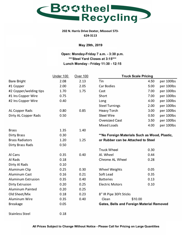 Bootheel Recycling Price Sheet - May 29, 2019