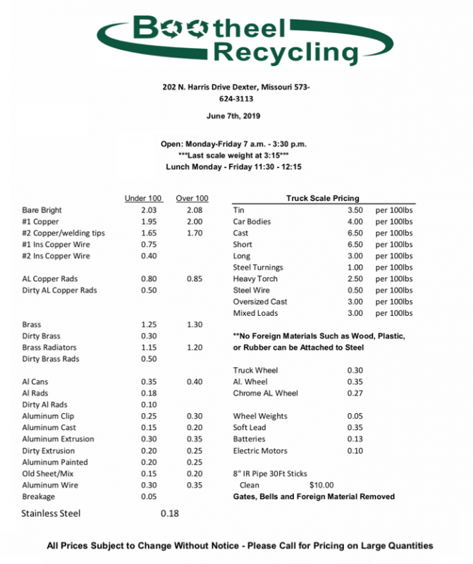 Bootheel Recycling Price Sheet - June 7, 2019