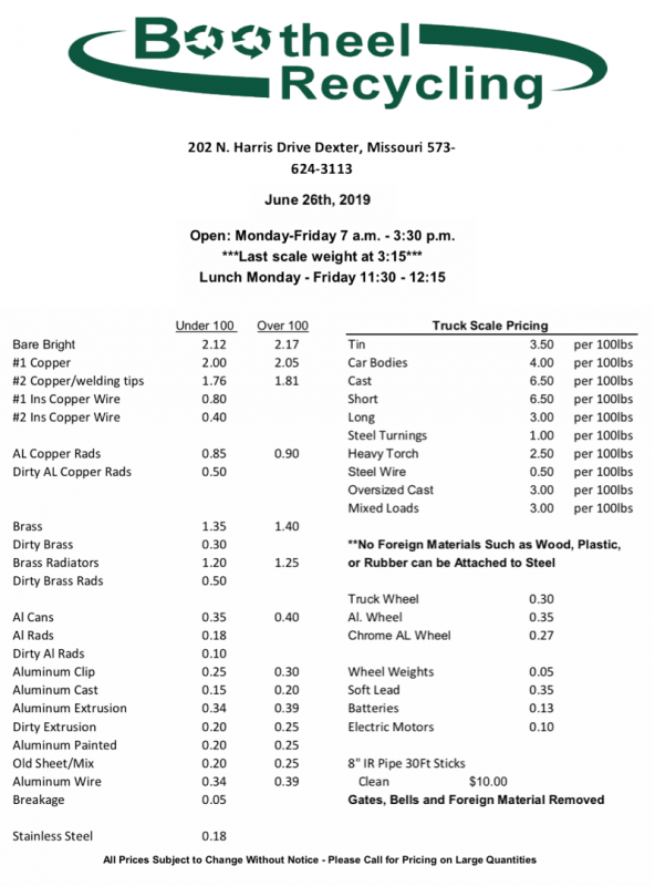 Bootheel Recycling Price Sheet - June 26, 2019