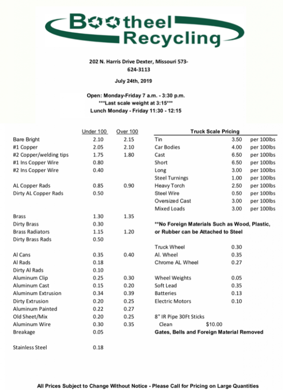 Bootheel Recycling Price Sheet - July 24, 2019