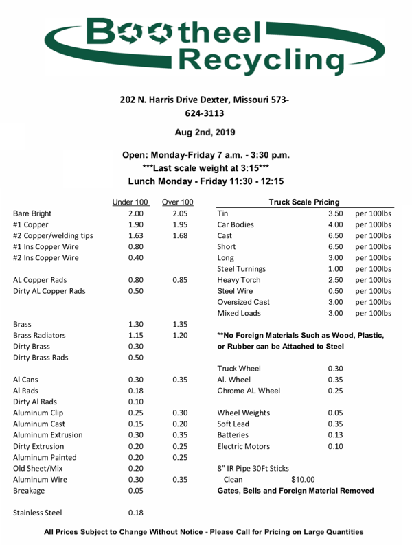 Bootheel Recycling Price Sheet - August 2, 2019