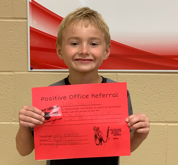 Southwest Elementary First Grader Earns Positive Office Referral Award