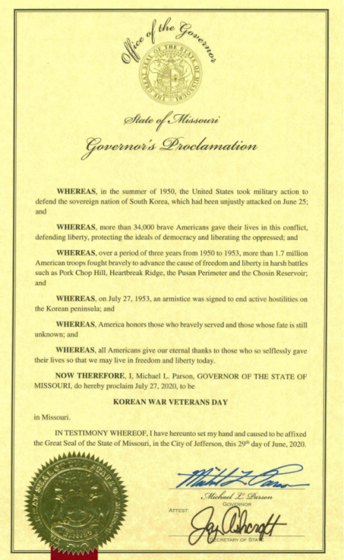 MO Governor Proclaims July 27th as Korean War Veterans Day