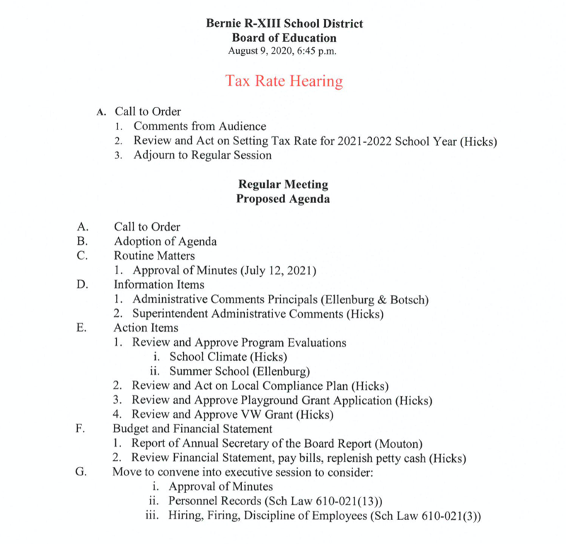 Bernie R-XIII School District Tax Rate Hearing and Proposed Agenda for August 9, 2021